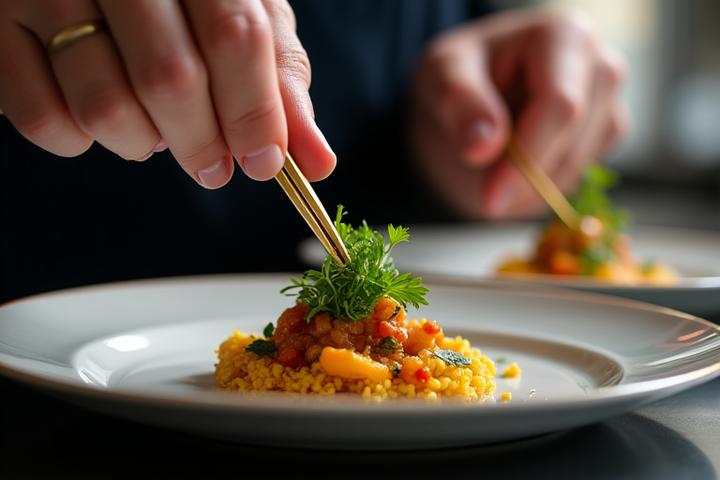 Une main de chef saupoudrant délicatement des herbes fraîches sur un plat gastronomique, illustrant la précision et la passion.
