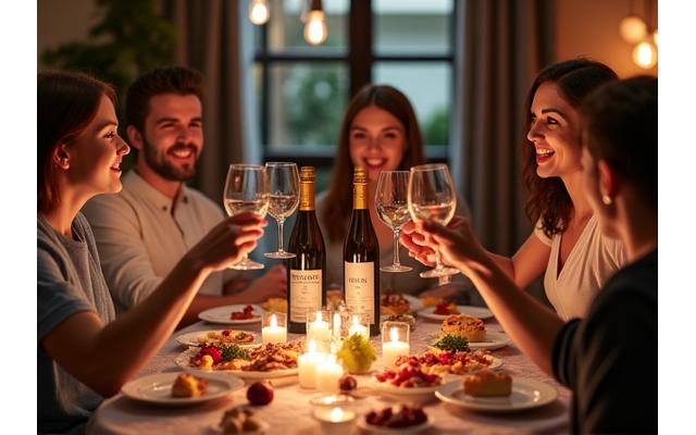 Célébration privée avec des amis dégustant du vin et des petits plats raffinés