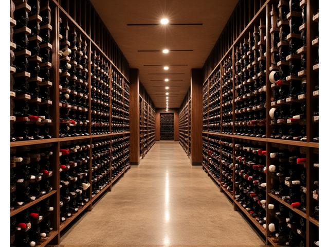 Impressionnante cave à vin avec des centaines de bouteilles éclairées, atmosphère classique