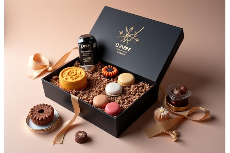 Coffret cadeau élégant L'Arbre Gourmand garni de pâtisseries et chocolats.