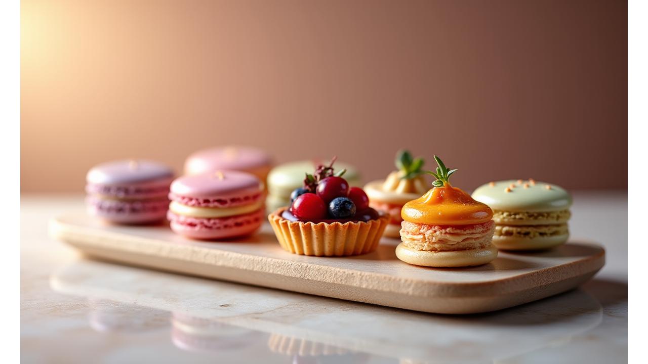 Assortiment de pâtisseries françaises fines, macarons colorés et entremets élégants.