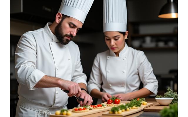 Un chef en toque blanche montrant une technique de découpe à une participante attentive dans une cuisine privée et moderne.