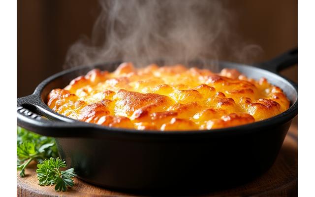 Un gratin dauphinois doré et fumant dans un plat en fonte, avec des herbes fraîches à côté.
