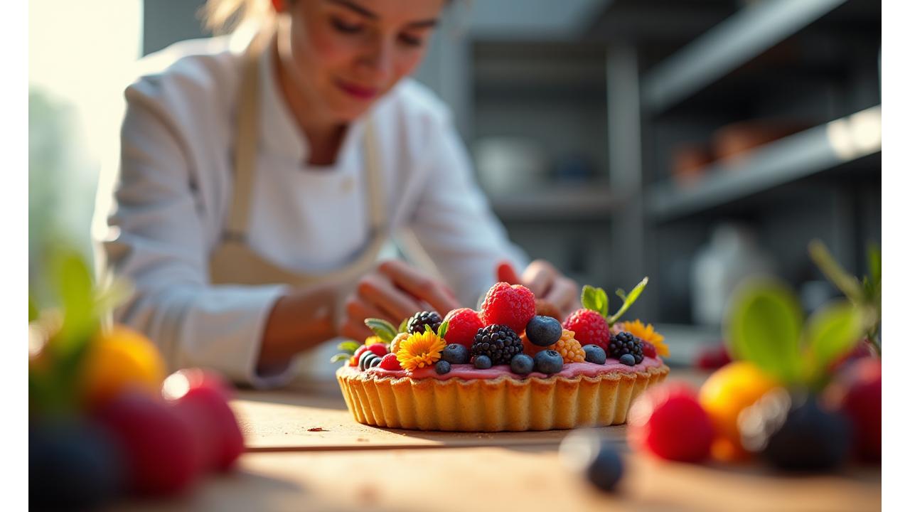 Vue dynamique d'un chef pâtissier décorant une tarte aux fruits avec précision dans un atelier lumineux.