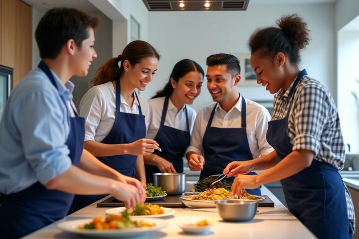Un groupe diversifié de collègues riant et cuisinant ensemble, partageant un moment de complicité en atelier culinaire.