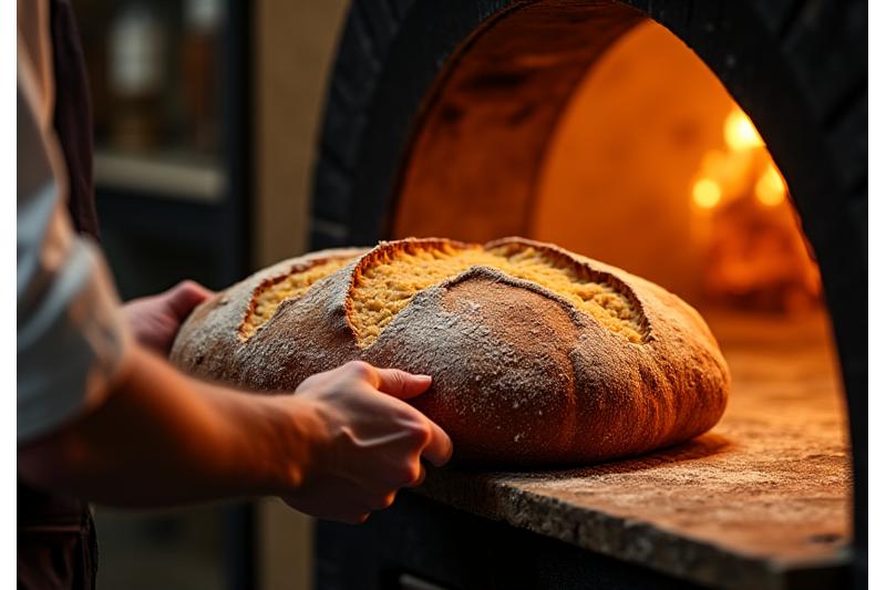 Boulanger traditionnel sortant du pain d'un four en pierre, Lyon