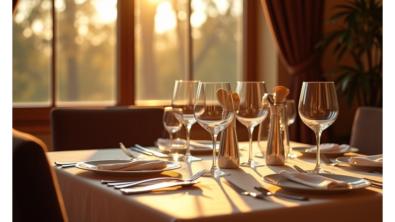 Vue élégante de l'intérieur du restaurant L'Arbre Gourmand, avec des tables dressées et une lumière chaude accueillante.