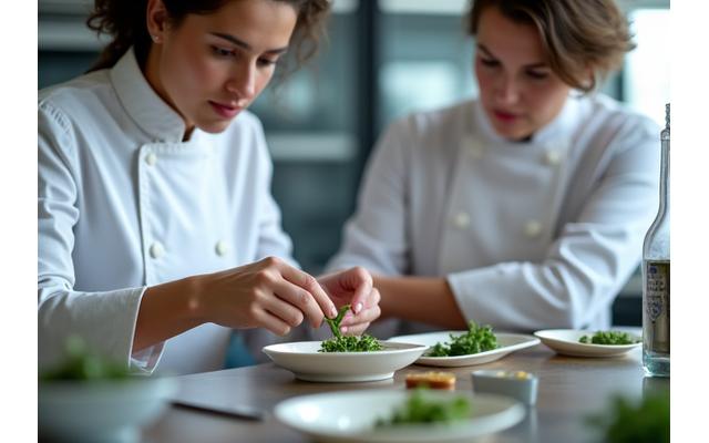 Un chef en uniforme expliquant respectueusement des techniques de cuisine à un petit groupe d'élèves attentifs.