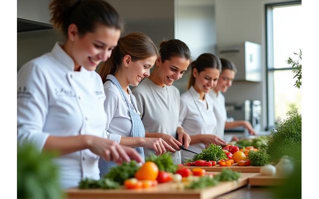 Participants souriants dans un atelier de cuisine, préparant des légumes frais, avec un chef les guidant.