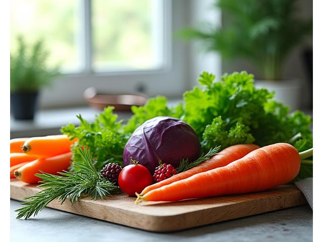 Assortiment de légumes frais, herbes aromatiques et fruits colorés sur une planche en bois, symbolisant la cuisine saine et l'abondance naturelle de Lyon.