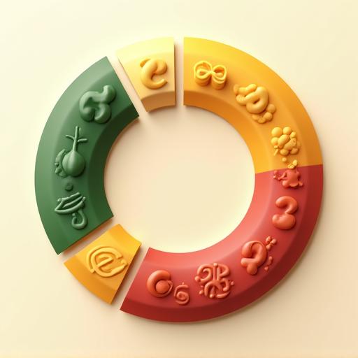 Infographie stylisée montrant l'équilibre des nutriments avec des icônes pour les protéines, glucides, lipides et vitamines, sur fond clair.