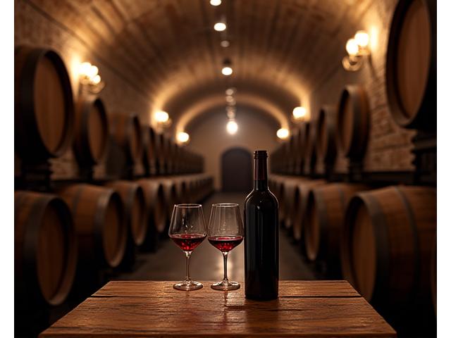Atmosphère rustique de la cave privée de L'Arbre Gourmand, bouteilles de vin et verre