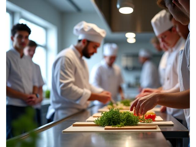 Chef enseignant dans une cuisine moderne privatisée pour un atelier