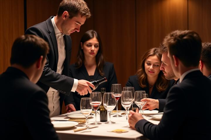 Sommelier expliquant une bouteille de vin à un groupe lors d'une dégustation privée