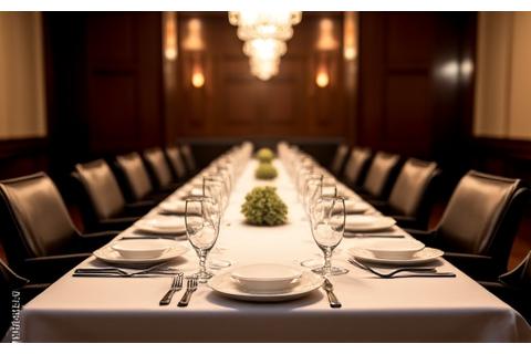 Table de dîner d'affaires en salon privé, avec couverts et verres scintillants