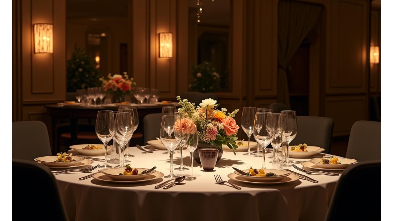 Discrétion et élégance d'un dîner privé exclusif chez L'Arbre Gourmand, lumière tamisée et table dressée
