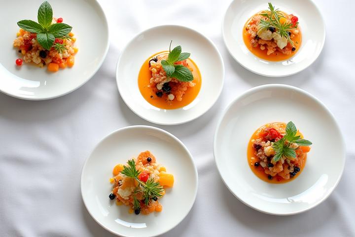 Chef présentant des plats gastronomiques élégamment dressés sur une table