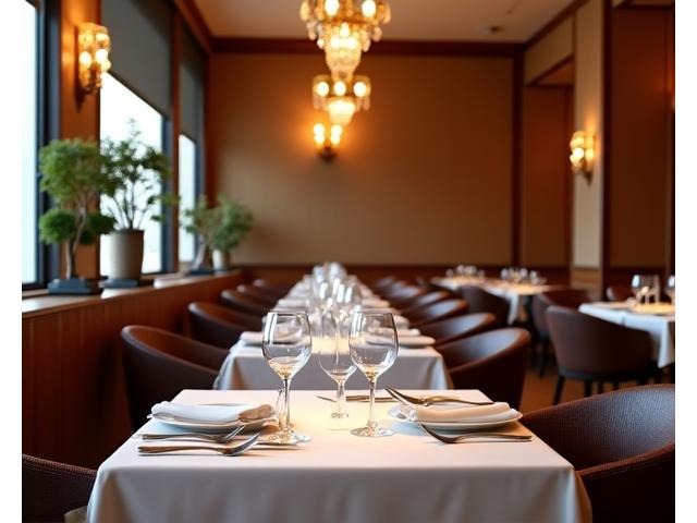 Salle de restaurant raffinée avec tables dressées et éclairage doux