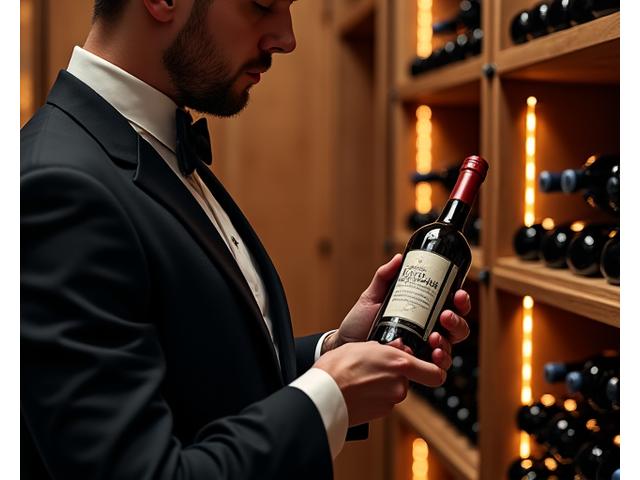 Sommelier présentant une bouteille de vin dans une cave à vin élégante
