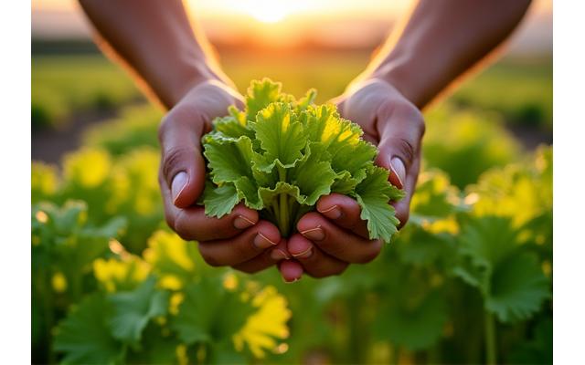 Main d'un producteur ramassant des légumes frais dans un champ