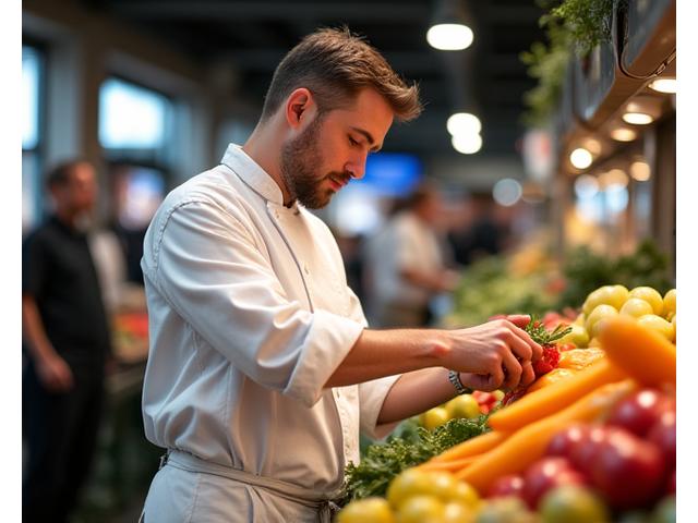 Chef de L'Arbre Gourmand sélectionnant des légumes au marché de Lyon