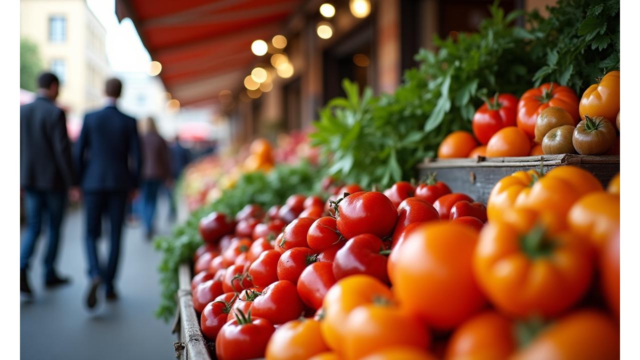 Un étal vibrant de légumes frais et colorés dans un marché lyonnais animé, baigné par la lumière du matin