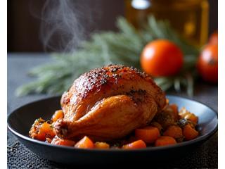 Plat d'hiver réconfortant avec légumes rôtis et volaille truffée