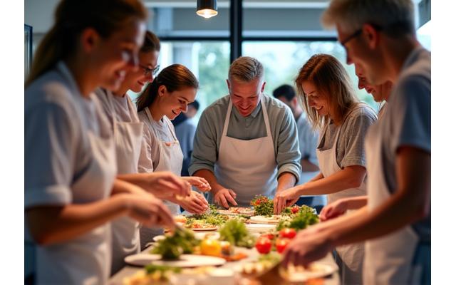 Groupe d'employés participant à un atelier culinaire de team building