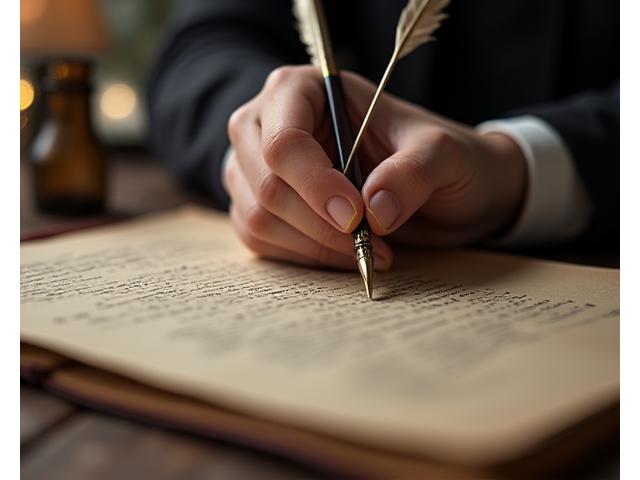 Main tenant une plume au-dessus d'un document ou d'une tablette, symbolisant les droits d'auteur et la création intellectuelle, ambiance vintage et élégante.