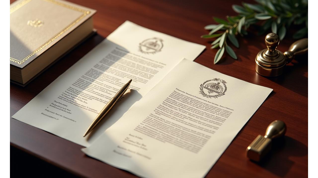 Document légal stylisé sur une table en bois avec un stylo et des feuilles de laurier, évoquant la législation et la tradition.