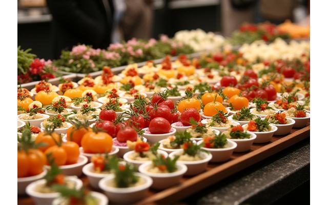 Magnifique buffet froid et chaud avec des verrines colorées, des salades fraîches et des plats chauds disposés avec art.