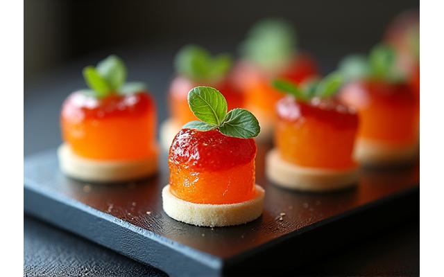 Assortiment de pièces cocktail raffinées et colorées, présentées sur des plateaux chics lors d'un événement.