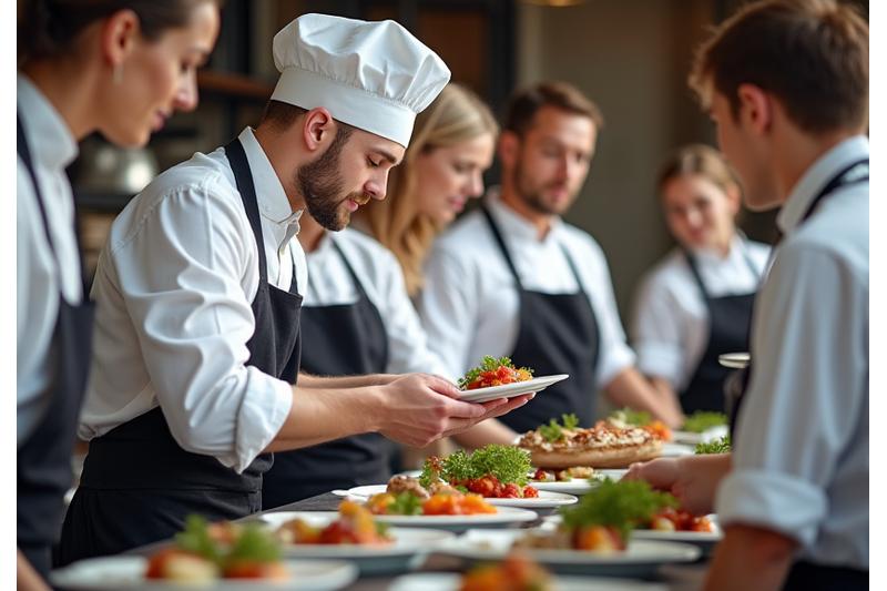Équipe de chefs et serveurs de L'Arbre Gourmand en pleine action, préparant et présentant des plats avec professionnalisme et élégance.