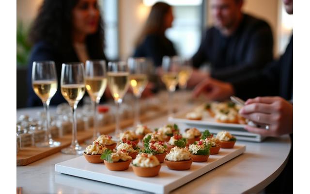 Cocktail dînatoire professionnel avec petits fours élégants et boissons, lors d'un événement d'entreprise à Lyon.
