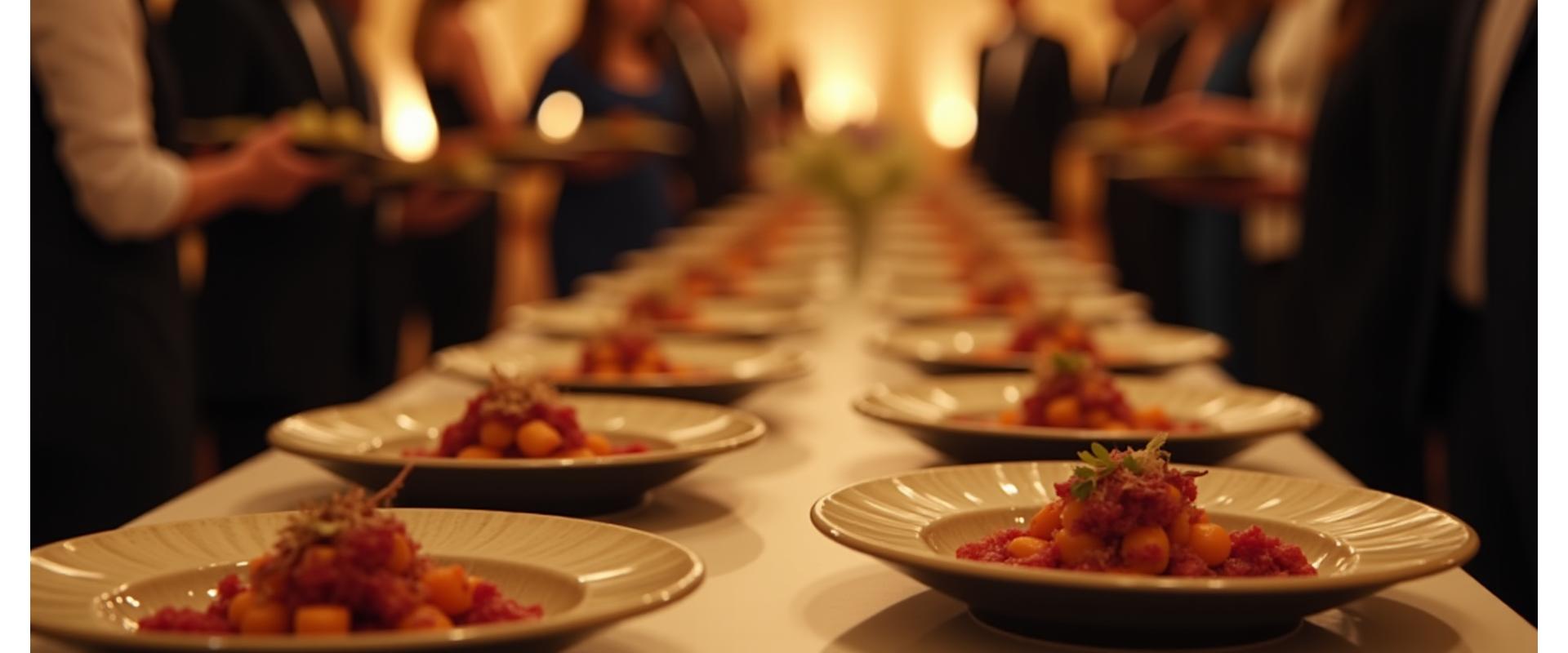 Mise en scène élégante d'un buffet traiteur lors d'une réception à Lyon, avec des plats gastronomiques et des invités souriants.