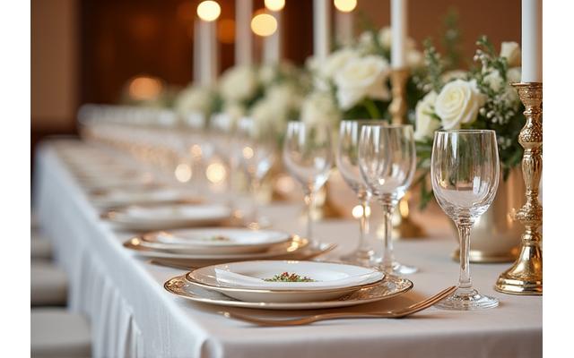 Table de mariage élégamment dressée avec des fleurs et des couverts étincelants, prête pour un dîner de réception.