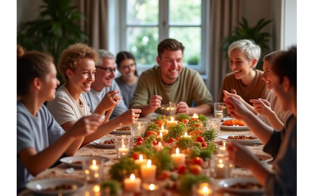 Famille et amis réunis autour d'une table festive pour une réception privée, avec un service traiteur impeccable.