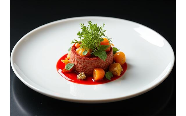 Plat de haute cuisine, joliment dressé sur une assiette blanche, servi lors d'un dîner assis gastronomique.